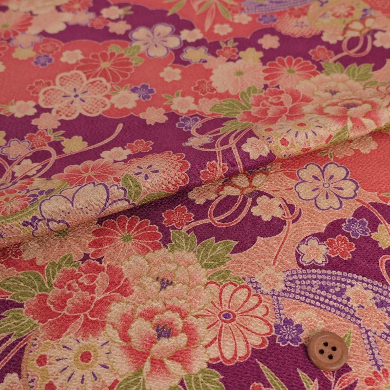 古布調ちりめん生地 雲取り地に花と橋(渋あずき色) 10cm単位 切り売り アンティーク調縮緬布地 古典柄 和風花柄 伝統柄 小豆色 赤紫色