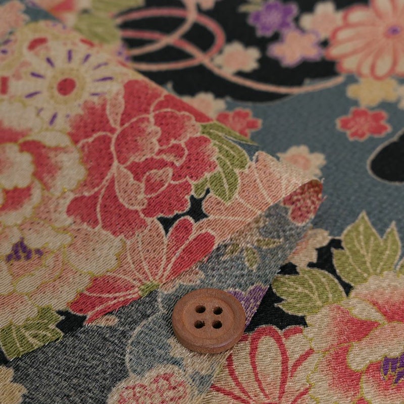 古布調ちりめん生地 雲取り地に花と橋(黒) 10cm単位 切り売り レーヨンチリメン布地 縮緬手芸用 古典柄 アンティーク調伝統柄