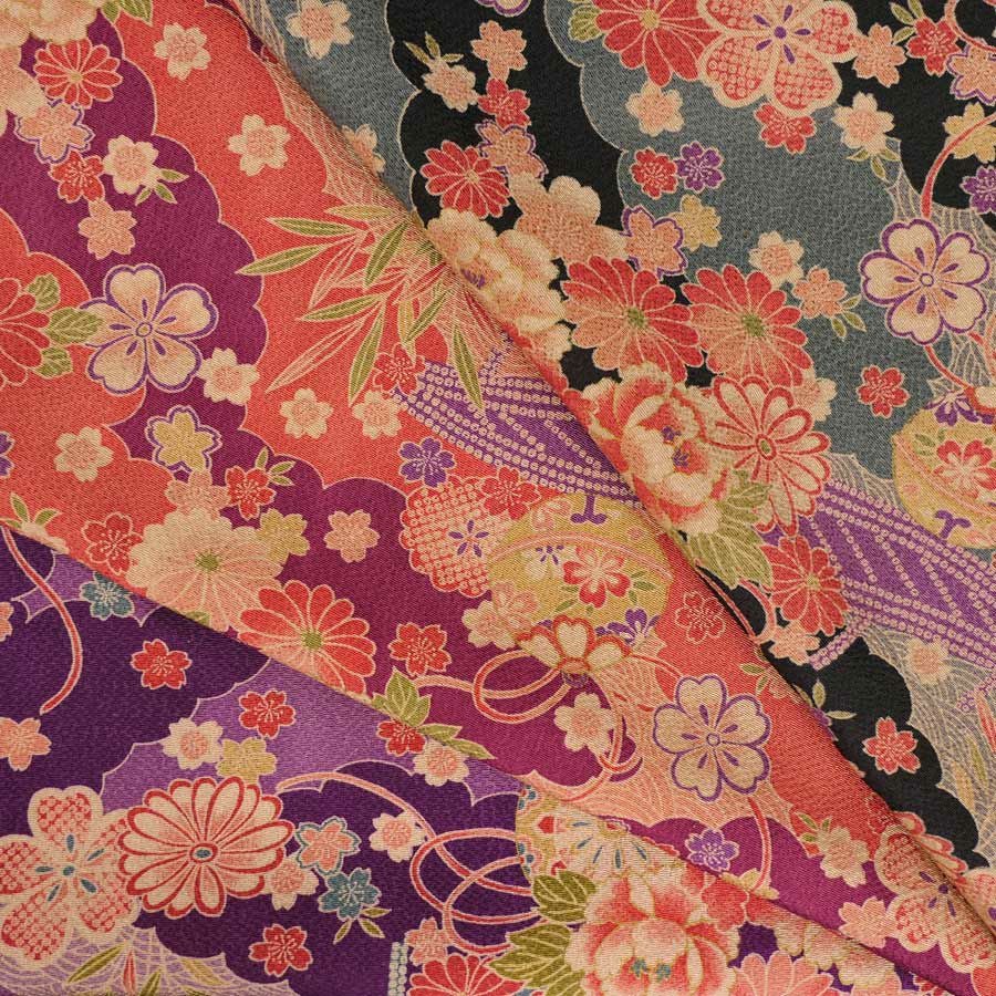 古布調ちりめん生地 雲取り地に花と橋(黒) 10cm単位 切り売り レーヨンチリメン布地 縮緬手芸用 古典柄 アンティーク調伝統柄