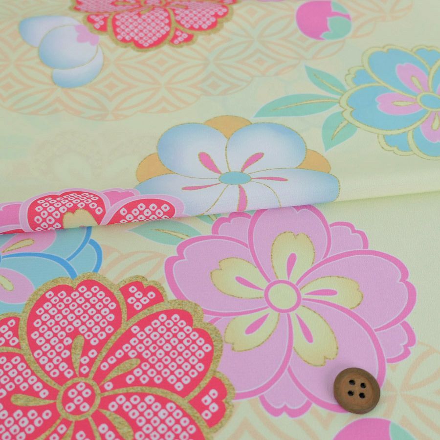 着物用洗える生地 七宝雲に梅桜(クリーム色) 10cm単位 切り売り |生地