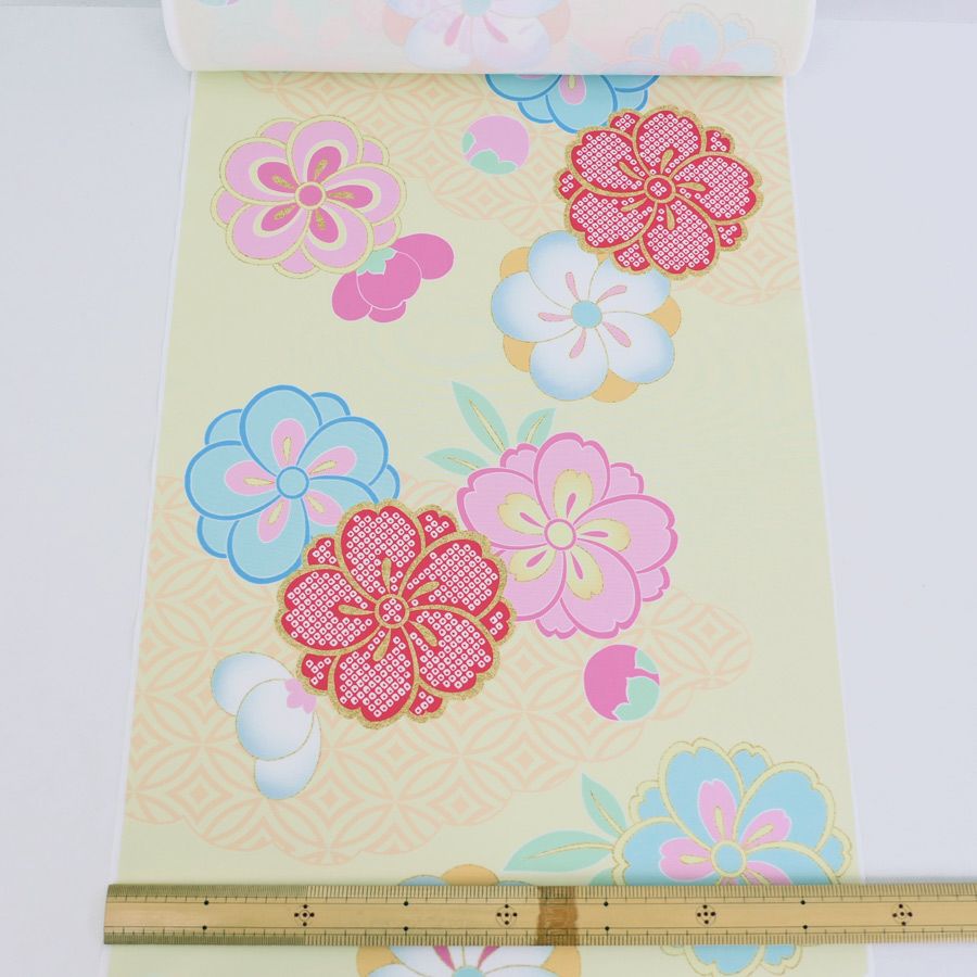 着物用洗える生地 七宝雲に梅桜(クリーム色) 10cm単位 切り売り |生地