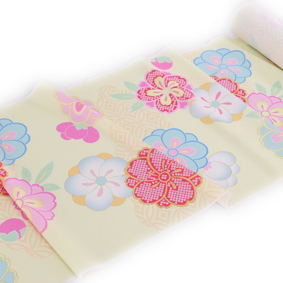 着物用洗える生地 七宝雲に梅桜(クリーム色) 10cm単位 切り売り |生地