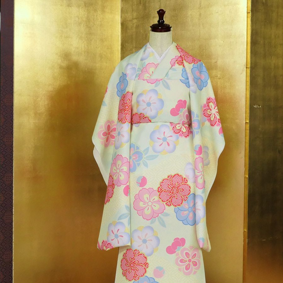 着物用洗える生地 七宝雲に梅桜(クリーム色) 10cm単位 切り売り |生地
