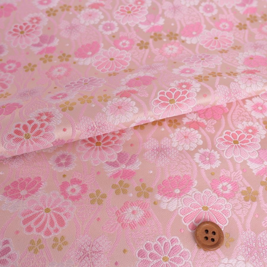 金襴生地(金らん) たてわくに菊桜(きなり/ピンク) 10cm単位 切り売り