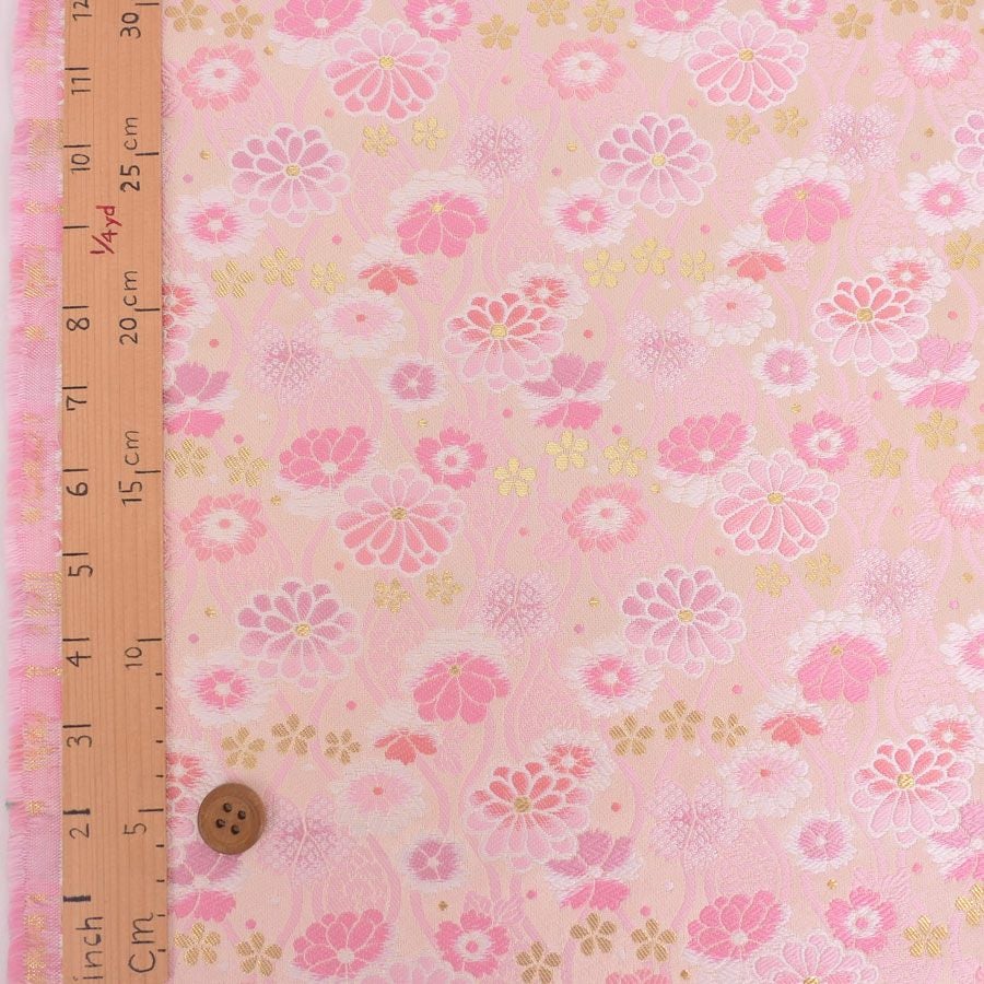 金襴生地(金らん) たてわくに菊桜(きなり/ピンク) 10cm単位 切り売り