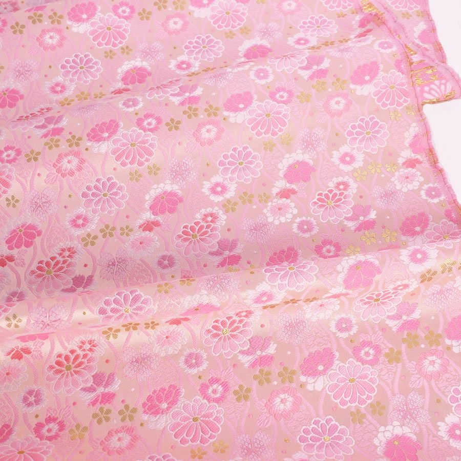 金襴生地(金らん) たてわくに菊桜(きなり/ピンク) 10cm単位 切り売り