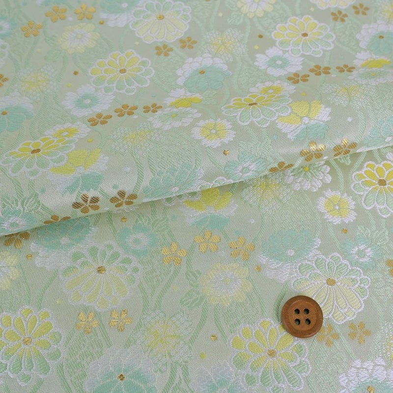 金襴生地(金らん) たてわくに菊桜(ミント/レモン) 10cm単位 切り売り[M便 1/20] 立涌模様 伝統的 モダンかわいい 西陣織物 花柄きんらん 古典柄