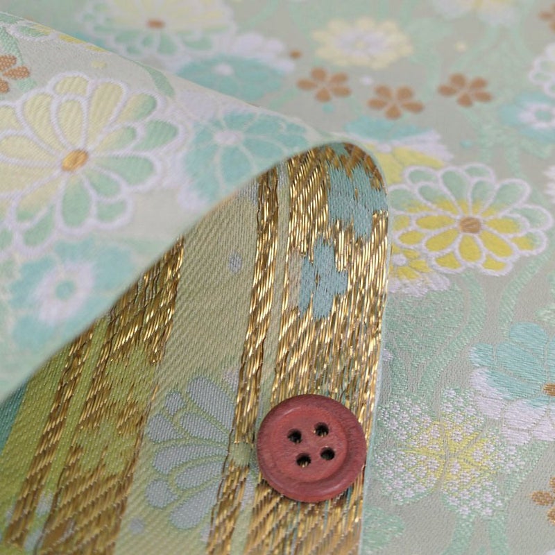 金襴生地(金らん) たてわくに菊桜(ミント/レモン) 10cm単位 切り売り[M便 1/20] 立涌模様 伝統的 モダンかわいい 西陣織物 花柄きんらん 古典柄