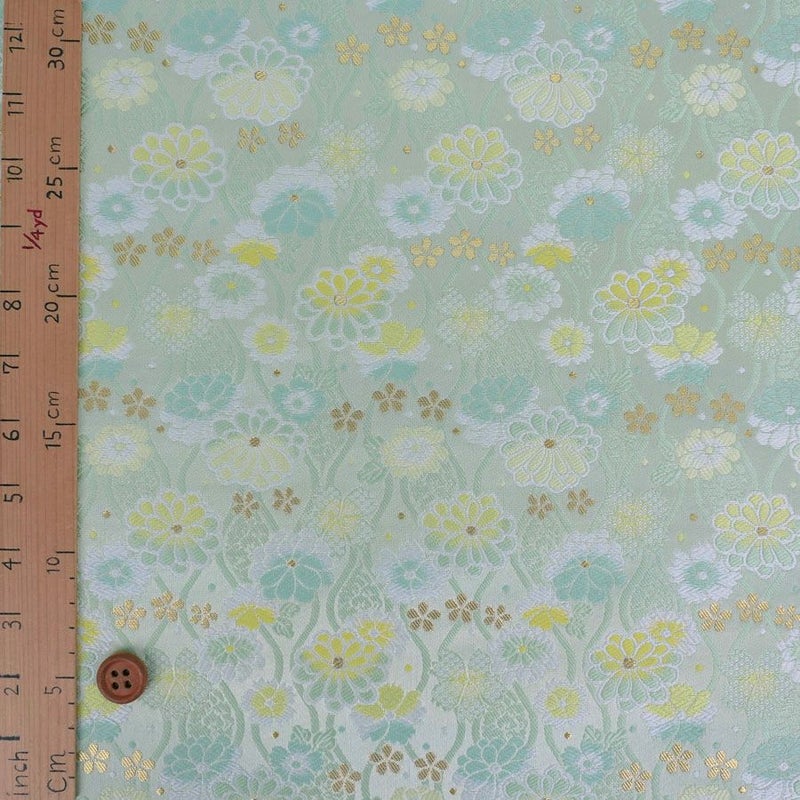 金襴生地(金らん) たてわくに菊桜(ミント/レモン) 10cm単位 切り売り[M便 1/20] 立涌模様 伝統的 モダンかわいい 西陣織物 花柄きんらん 古典柄
