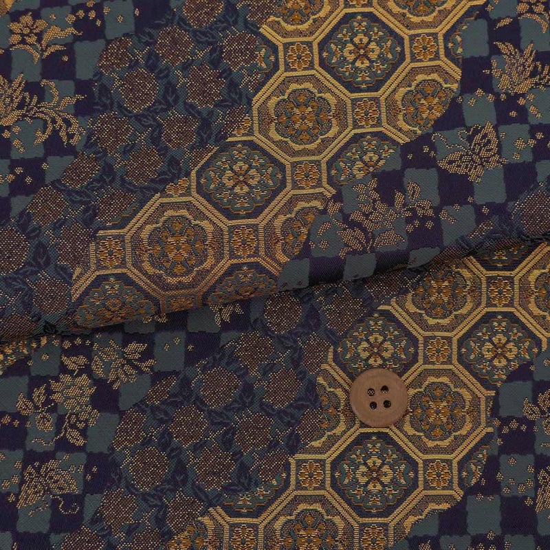 金襴生地(金らん) 蜀江文と市松の道長取り(藍色/錆金) 10cm単位 切り売り 西陣織布地 蜀江文様 古典柄 伝統文様 七五三袴生地 男の子はかま