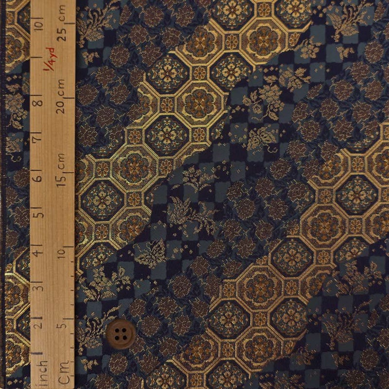 金襴生地(金らん) 蜀江文と市松の道長取り(藍色/錆金) 10cm単位 切り売り 西陣織布地 蜀江文様 古典柄 伝統文様 七五三袴生地 男の子はかま