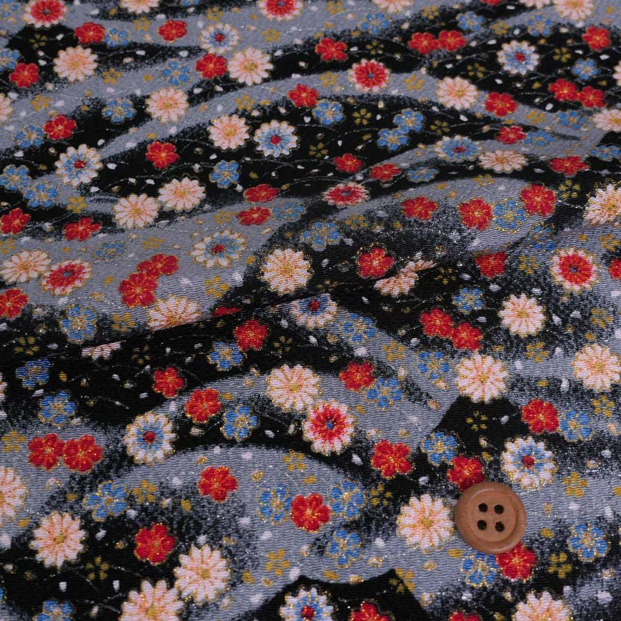 ちりめん生地 露芝に小菊(黒) 10cm単位 切り売り ちりめん手芸生地 レーヨンチリメン 手芸用 ブラックグレー 花柄