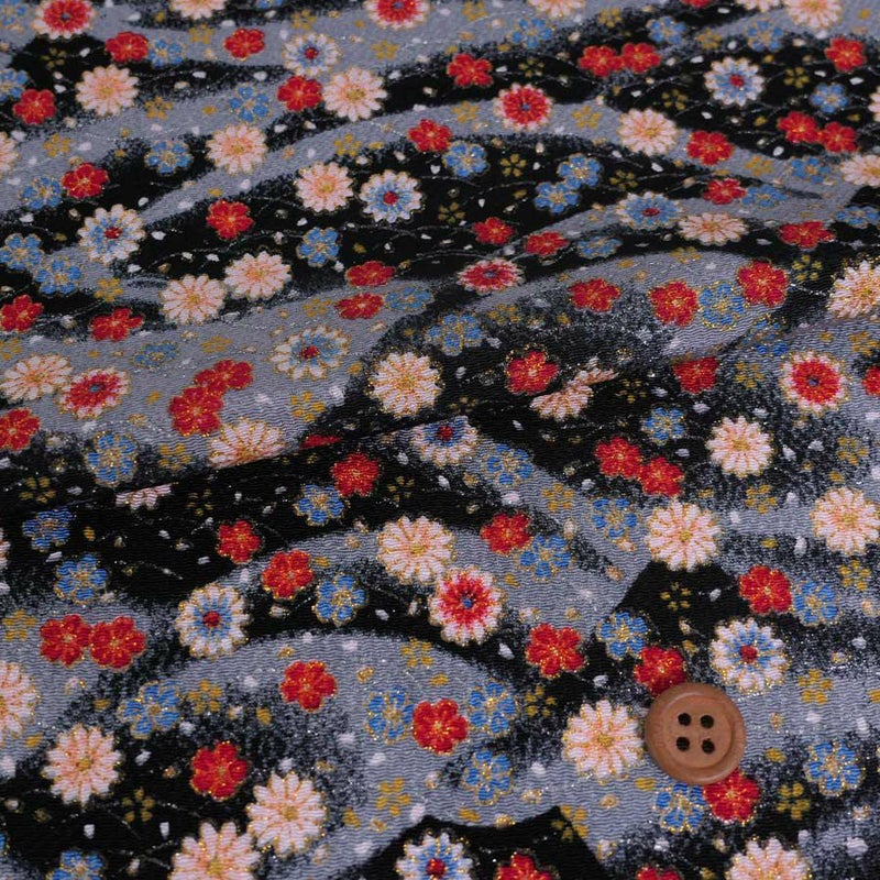 ちりめん生地 露芝に小菊(黒) 10cm単位 切り売り ちりめん手芸生地 レーヨンチリメン 手芸用 ブラックグレー 花柄