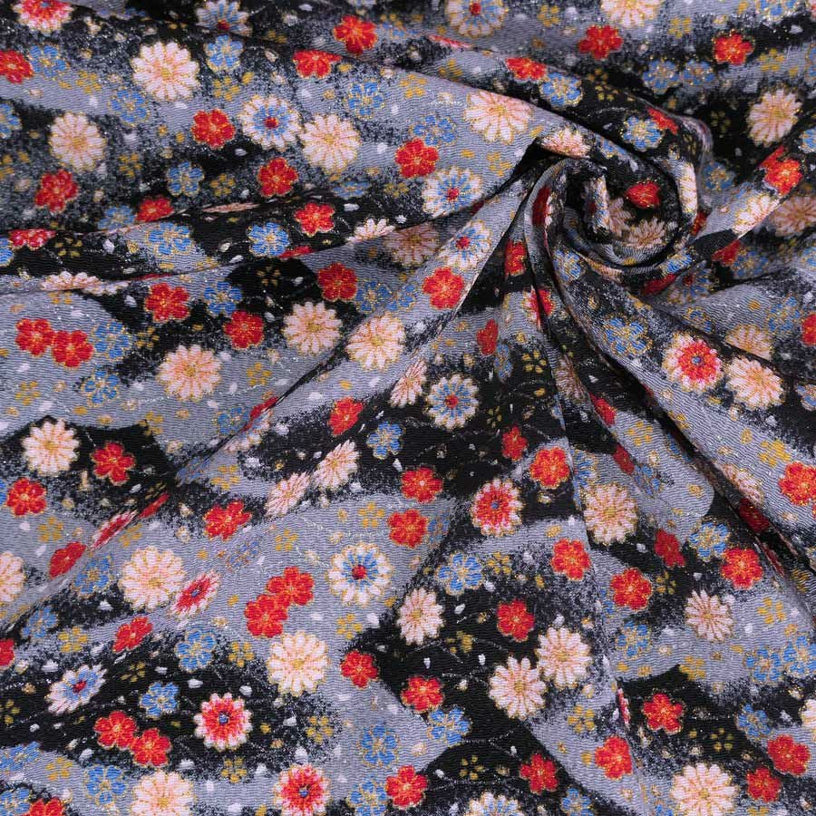 ちりめん生地 露芝に小菊(黒) 10cm単位 切り売り ちりめん手芸生地 レーヨンチリメン 手芸用 ブラックグレー 花柄
