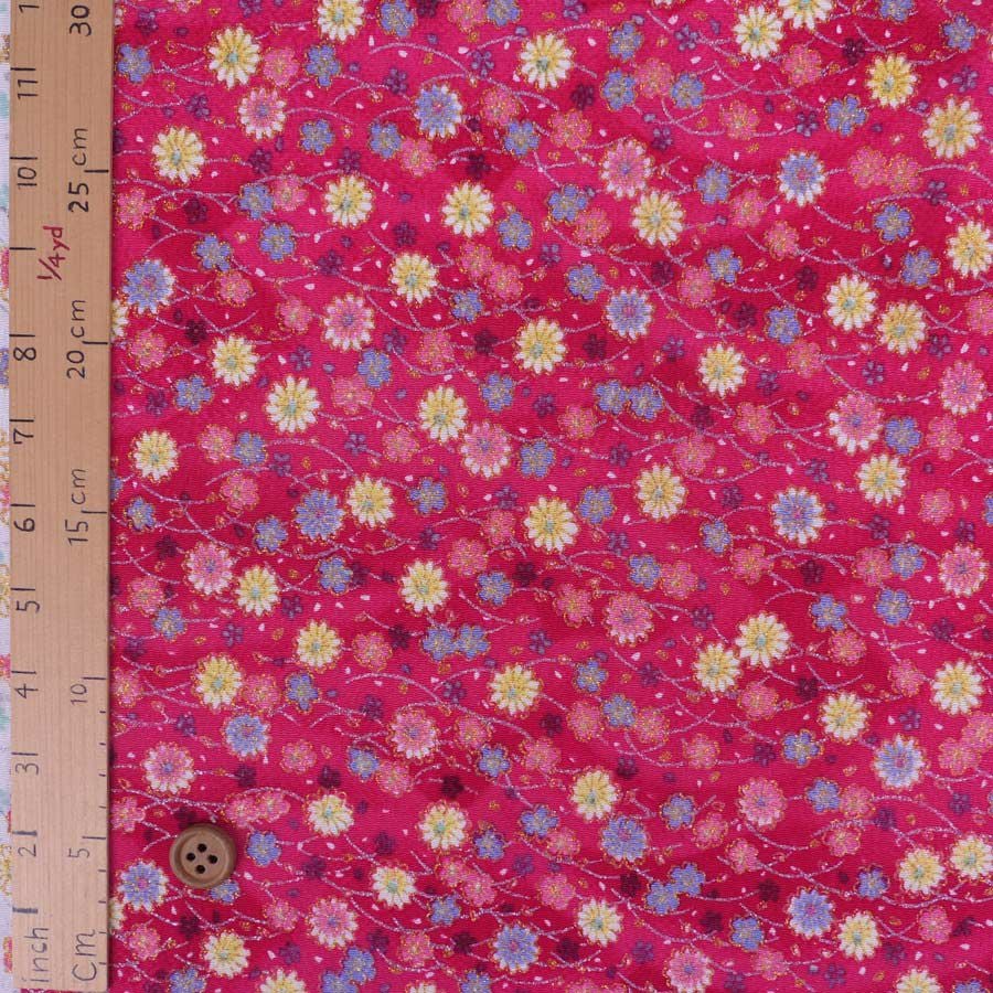 ちりめん生地 露芝に小菊(紅桃色) 10cm単位 切り売り ちりめん細工レーヨンチリメン布地 手芸用縮緬 小菊模様 紅色