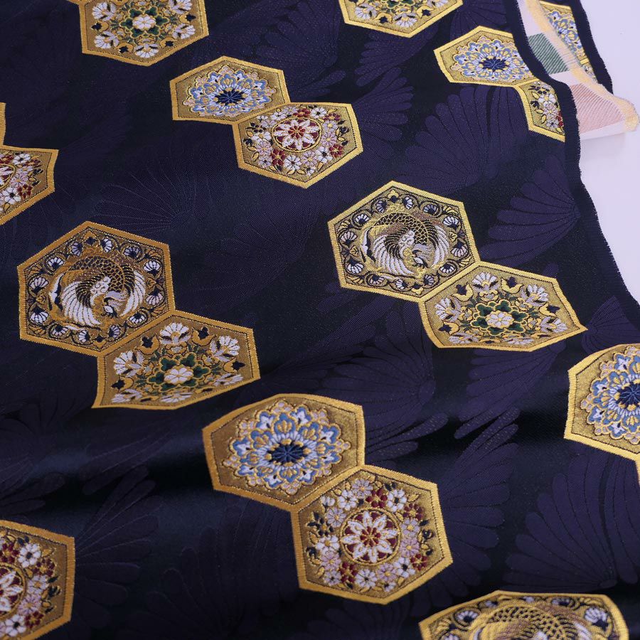 金襴生地(金らん) 亀甲に鳳凰(濃紺) 10cm単位 切り売り |生地 和柄