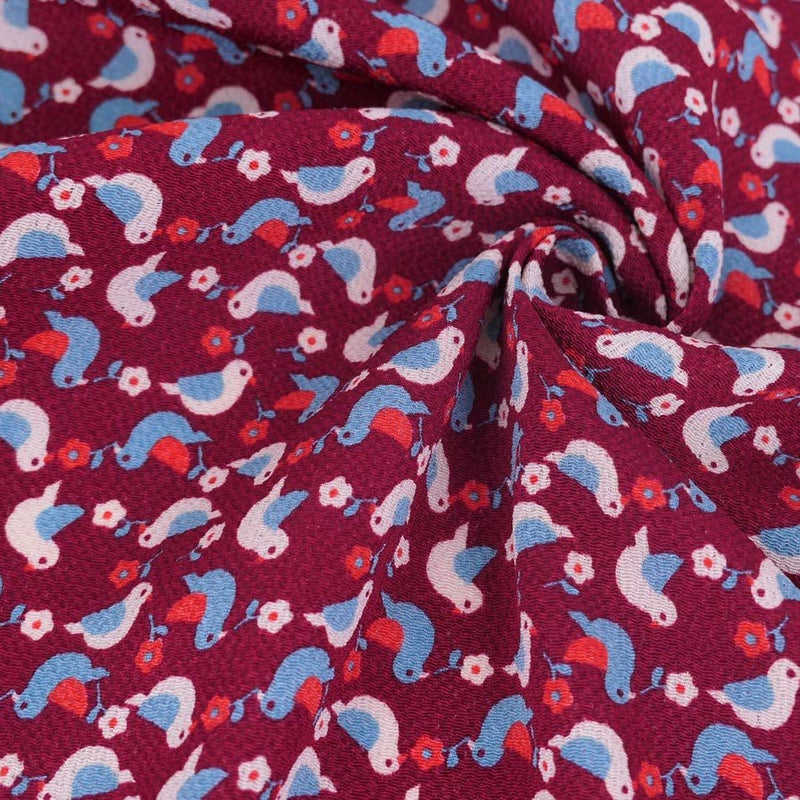 ちりめん生地 鳥と小花(えんじ色) 10cm単位 切り売り 和モダン柄チリメン レーヨン縮緬布地 手芸用 小鳥柄 エンジ色