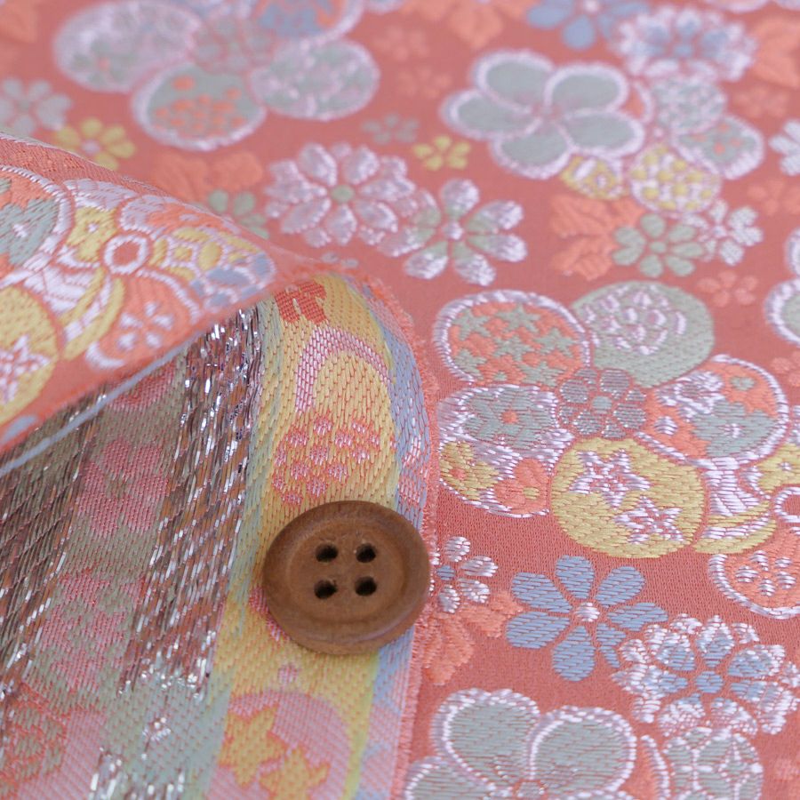金襴生地(金らん) 親子ねじ梅(サーモンピンク) 10cm単位 切り売り