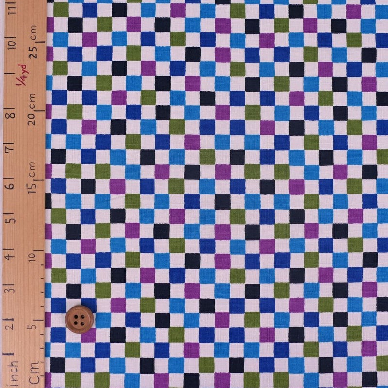 和柄コットン生地 カラフルな市松柄(藍あさぎ) 10cm単位 切り売り