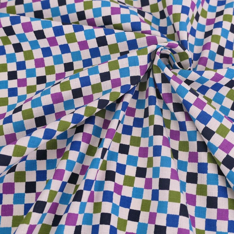 和柄コットン生地 カラフルな市松柄(藍あさぎ) 10cm単位 切り売り