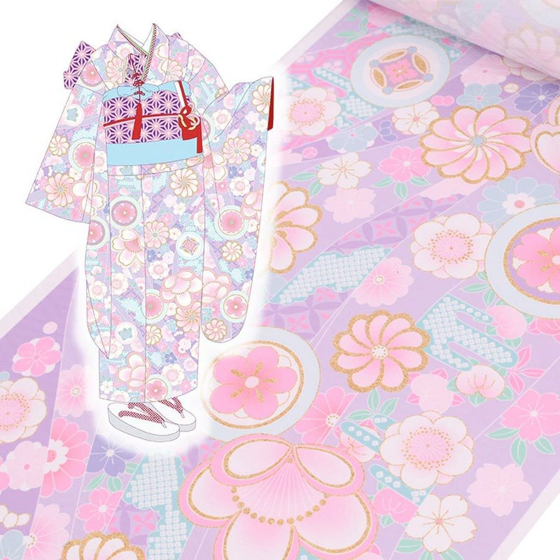 着物用洗える生地 のしめに花と丸紋散らし(パステル系) 1反売り(約12m)