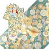 着物用洗える生地 のしめに花と丸紋散らし(グリーン/オレンジ系) 1反売り(約12m)