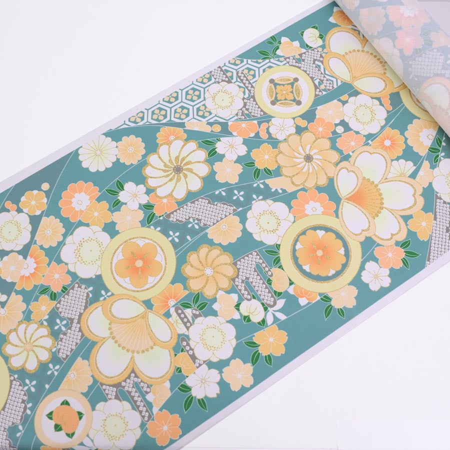 着物用洗える生地 のしめに花と丸紋散らし(グリーン/オレンジ系) 1反売り(約12m)