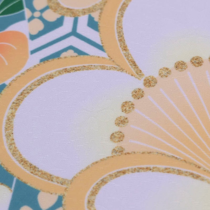 着物用洗える生地 のしめに花と丸紋散らし(グリーン/オレンジ系) 1反売り(約12m)