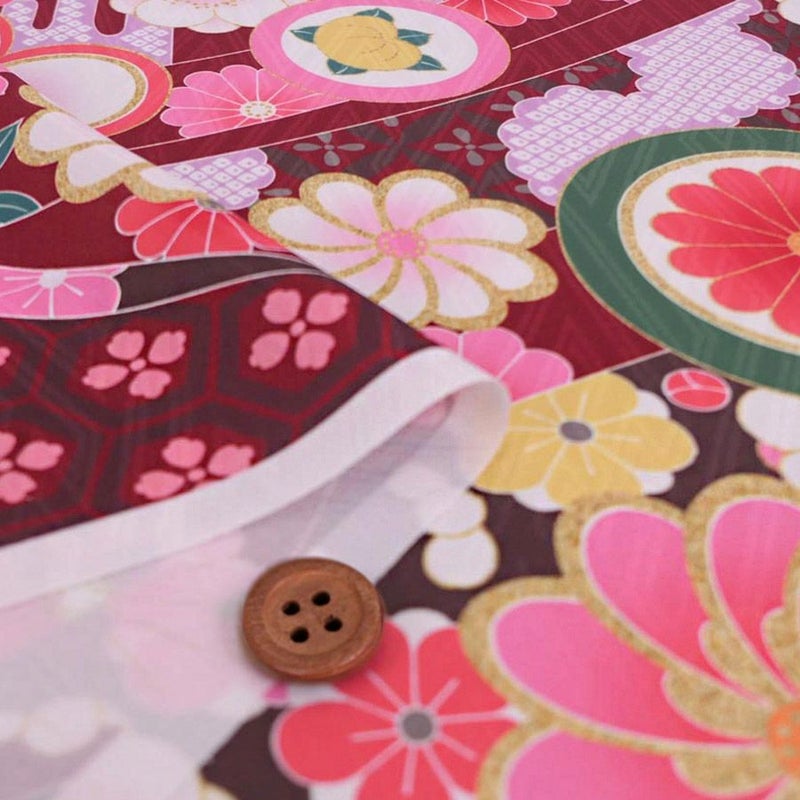 着物用洗える生地 のしめに花と丸紋散らし(えんじ系) 1反売り(約12m)