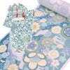 着物用洗える生地 のしめに花と丸紋散らし(ブルー系) 1反売り(約12m)