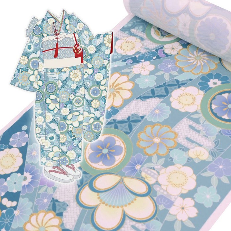 着物用洗える生地 のしめに花と丸紋散らし(ブルー系) 1反売り(約12m)