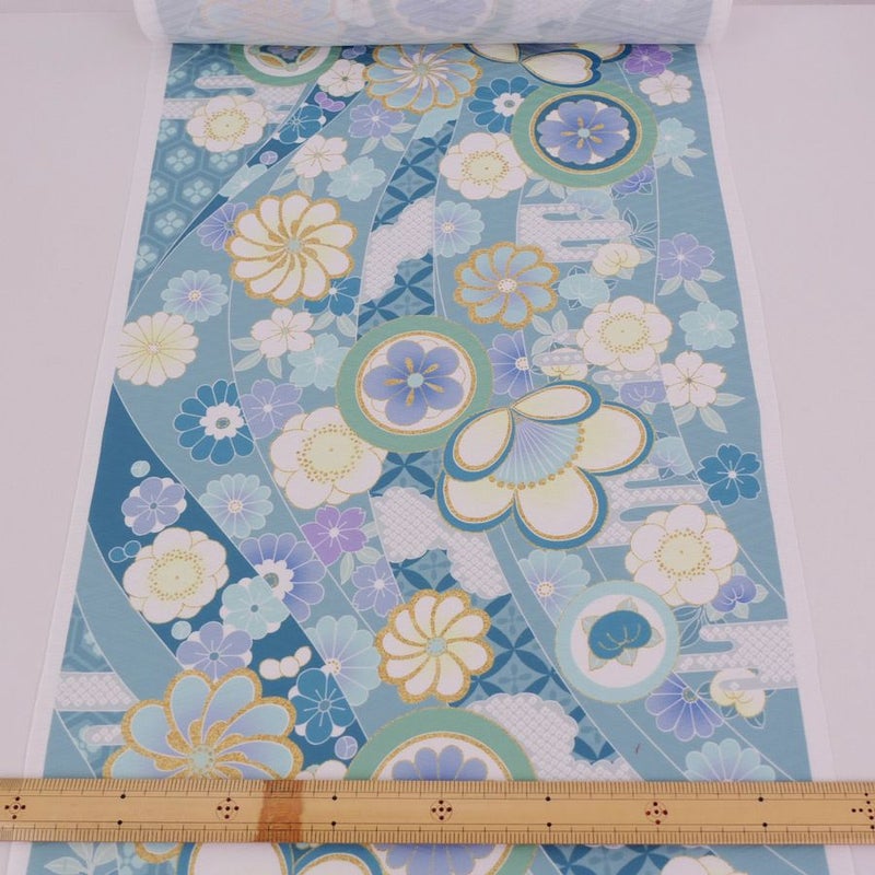 着物用洗える生地 のしめに花と丸紋散らし(ブルー系) 1反売り(約12m)