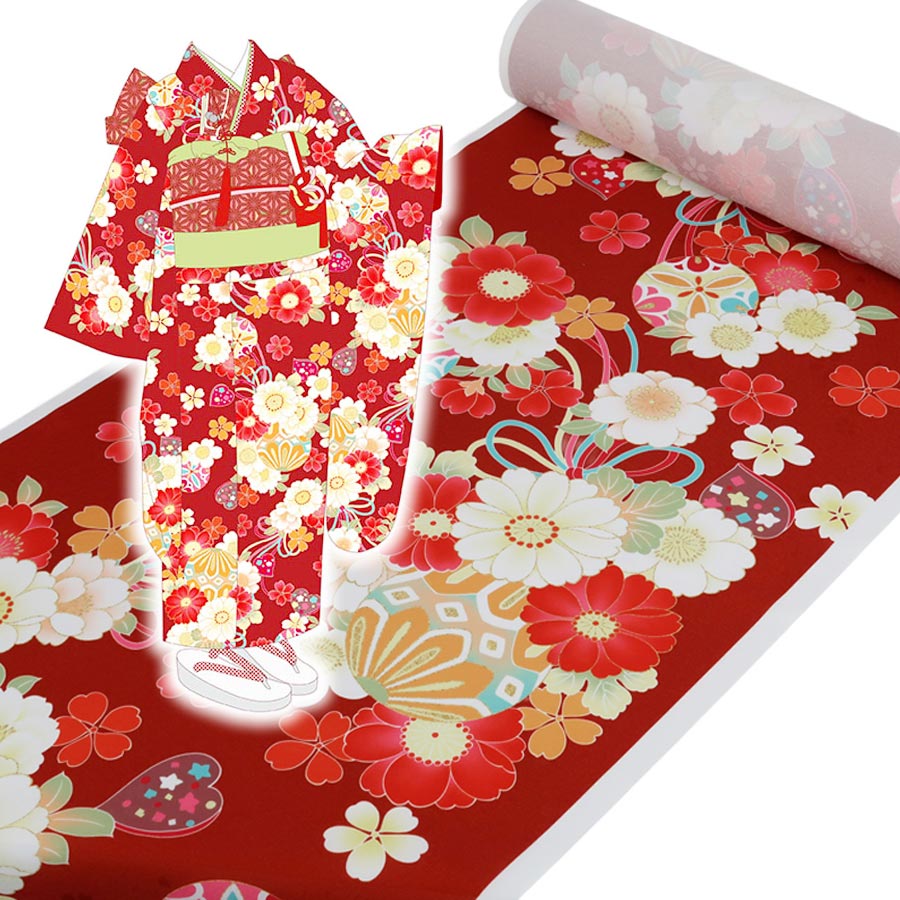 着物用洗える生地 姫手まりに桜花寄せ(赤系) 1反売り(約12m) |生地 和