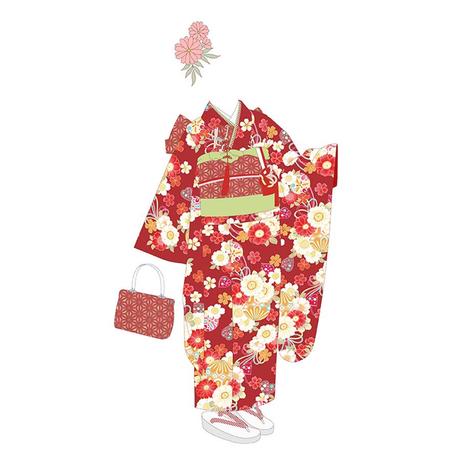 着物用洗える生地 姫手まりに桜花寄せ(赤系) 1反売り(約12m) |生地 和
