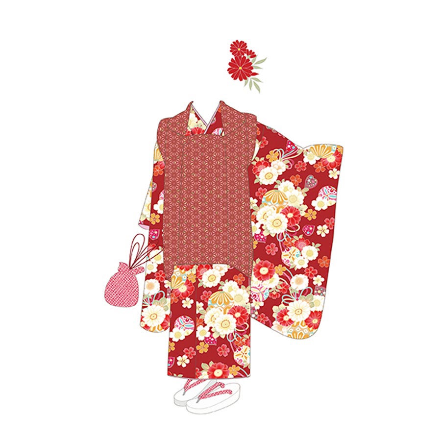 着物用洗える生地 姫手まりに桜花寄せ(赤系) 1反売り(約12m) |生地 和