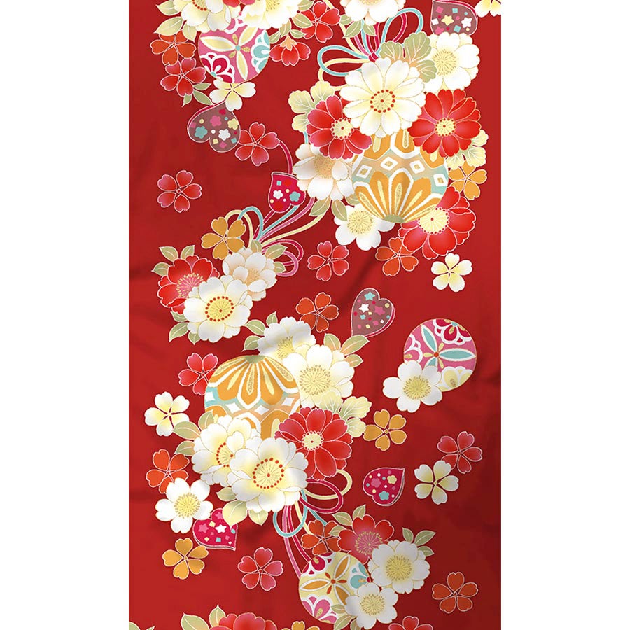 着物用洗える生地 姫手まりに桜花寄せ(赤系) 1反売り(約12m) |生地 和