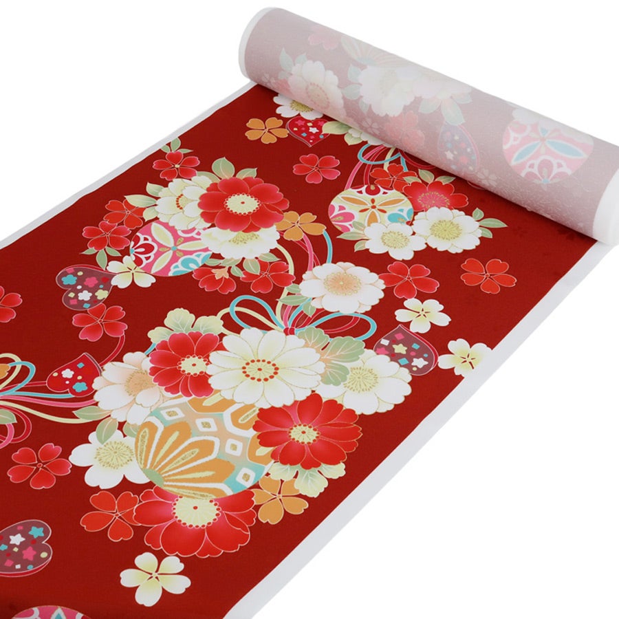着物用洗える生地 姫手まりに桜花寄せ(赤系) 1反売り(約12m) |生地 和