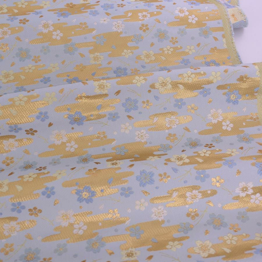 金襴生地(金らん) 金のかすみに松葉と桜(水色) 10cm単位 切り売り
