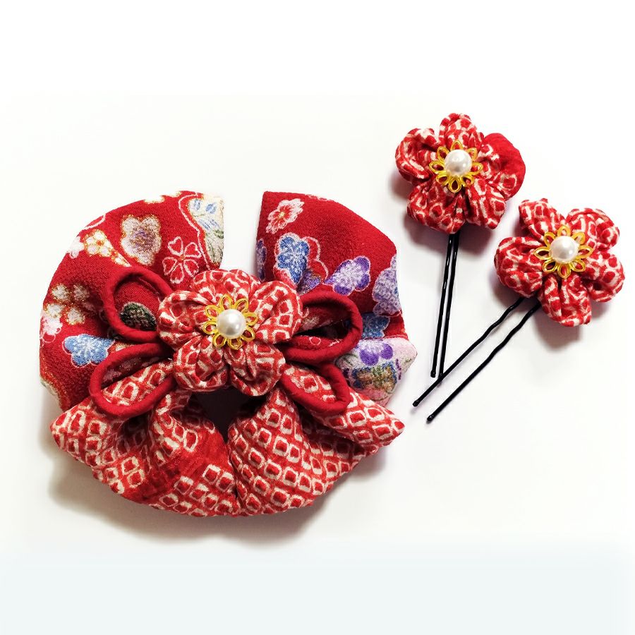 ハンドメイド手作り　有線七宝　花模様赤香合　一点物 髪飾り手作りキット 正絹京友禅 はいからリボンとお細工花ピンのセット