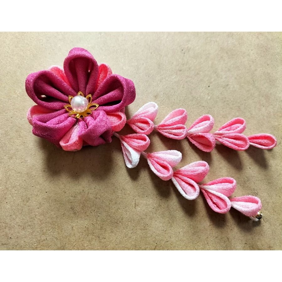 髪飾り手作りキット 正絹京友禅 花と下り藤のりぼん(ピンク系) |生地