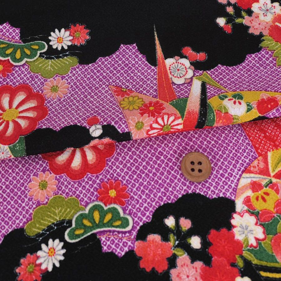 古布再現ちりめん生地 手まりと扇鶴(黒) 10cm単位 切り売り |生地 和柄