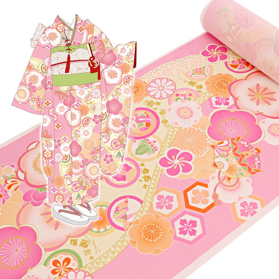 着物用洗える生地 梅花に手まりと糸巻き(ピンク) 1反売り(約12m)