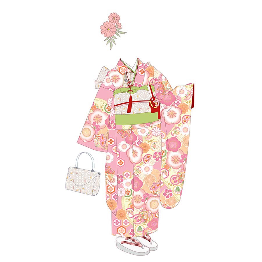 着物用洗える生地 梅花に手まりと糸巻き(ピンク) 1反売り(約12m)