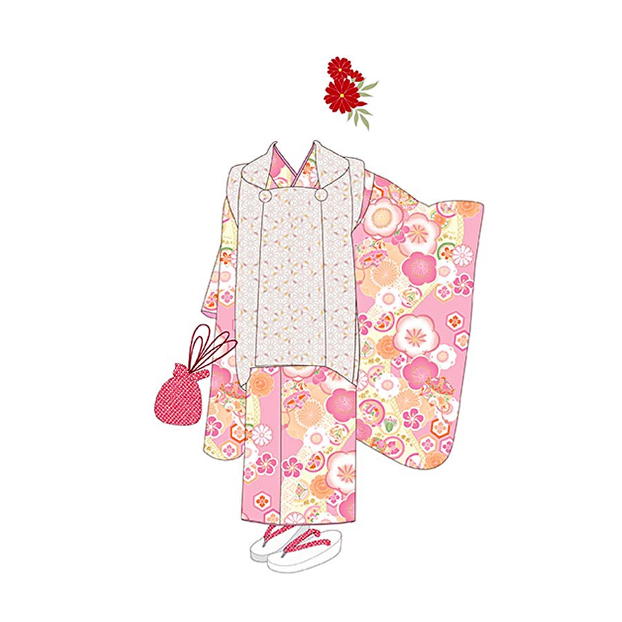 着物用洗える生地 梅花に手まりと糸巻き(ピンク) 1反売り(約12m)