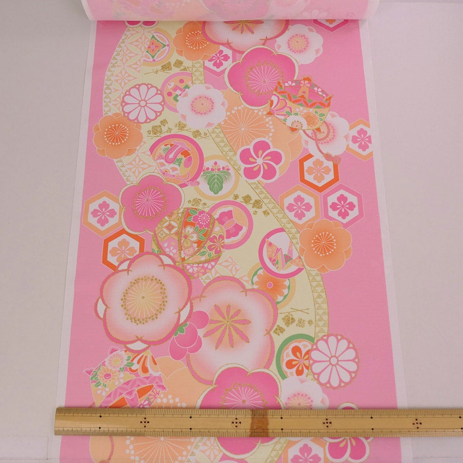 着物用洗える生地 梅花に手まりと糸巻き(ピンク) 1反売り(約12m)