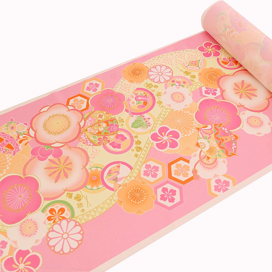 着物用洗える生地 梅花に手まりと糸巻き(ピンク) 1反売り(約12m)