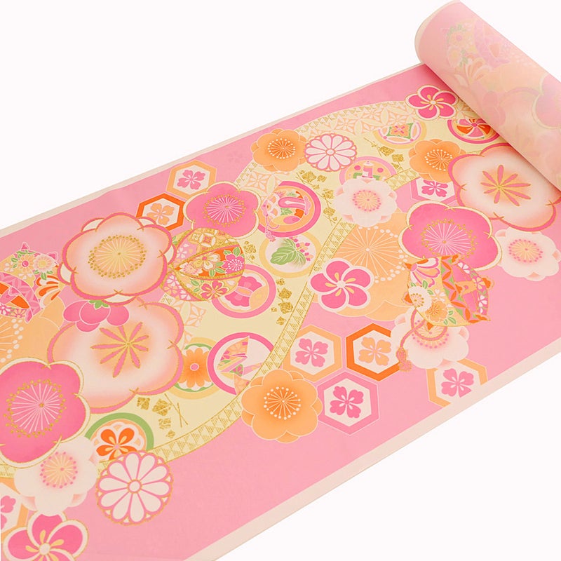 着物用洗える生地 梅花に手まりと糸巻き(ピンク) 1反売り(約12m)