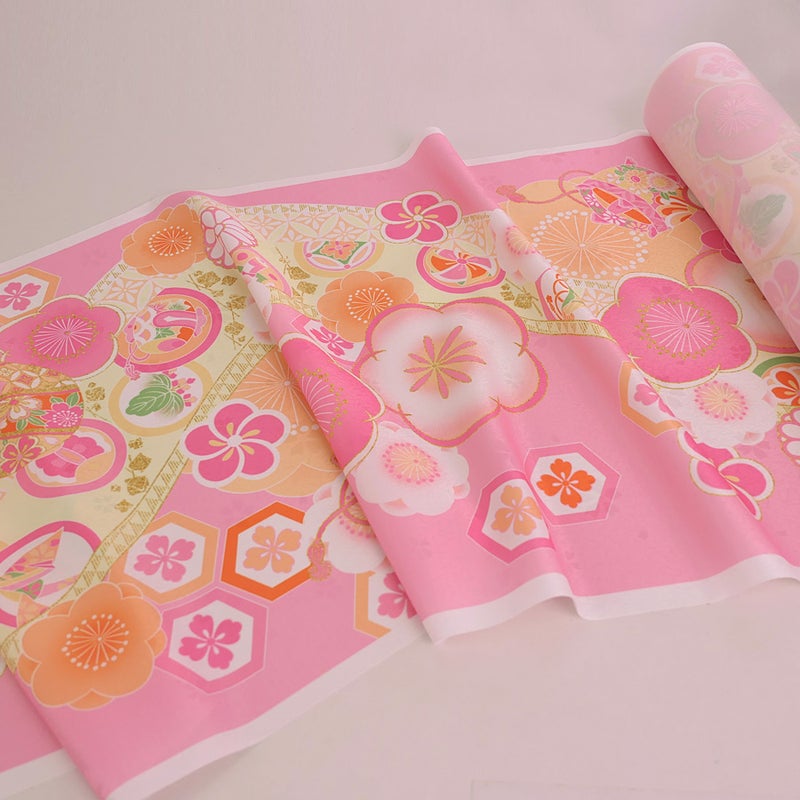 着物用洗える生地 梅花に手まりと糸巻き(ピンク) 1反売り(約12m)
