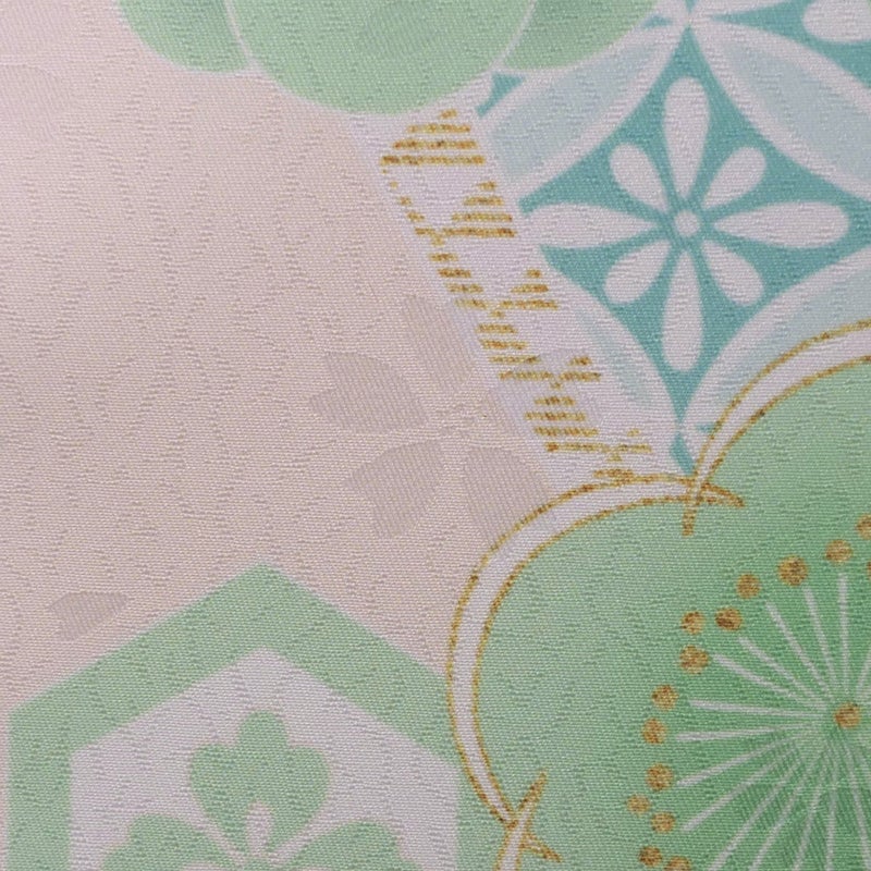 着物用洗える生地 梅花に手まりと糸巻き(淡緑) 1反売り(約12m)