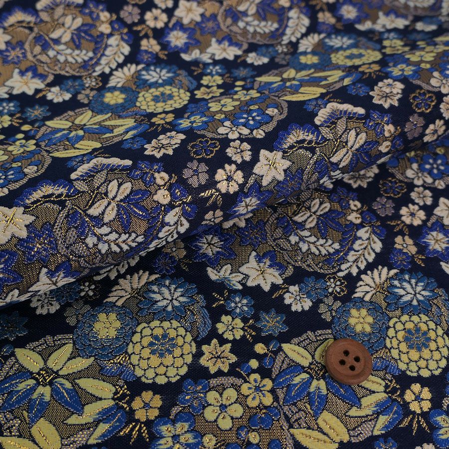 金襴生地(金らん) 四季の花丸重ね(紺) 10cm単位 切り売り |生地 和柄